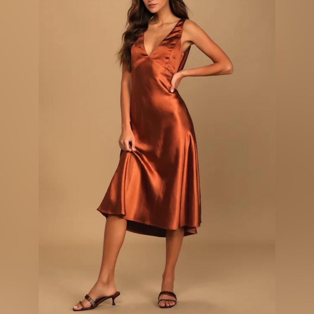 Lulus Incredible Love Brown Satin Cowl Back Midi Slip Dress Party Wedding Formal - Picture 3 of 14
